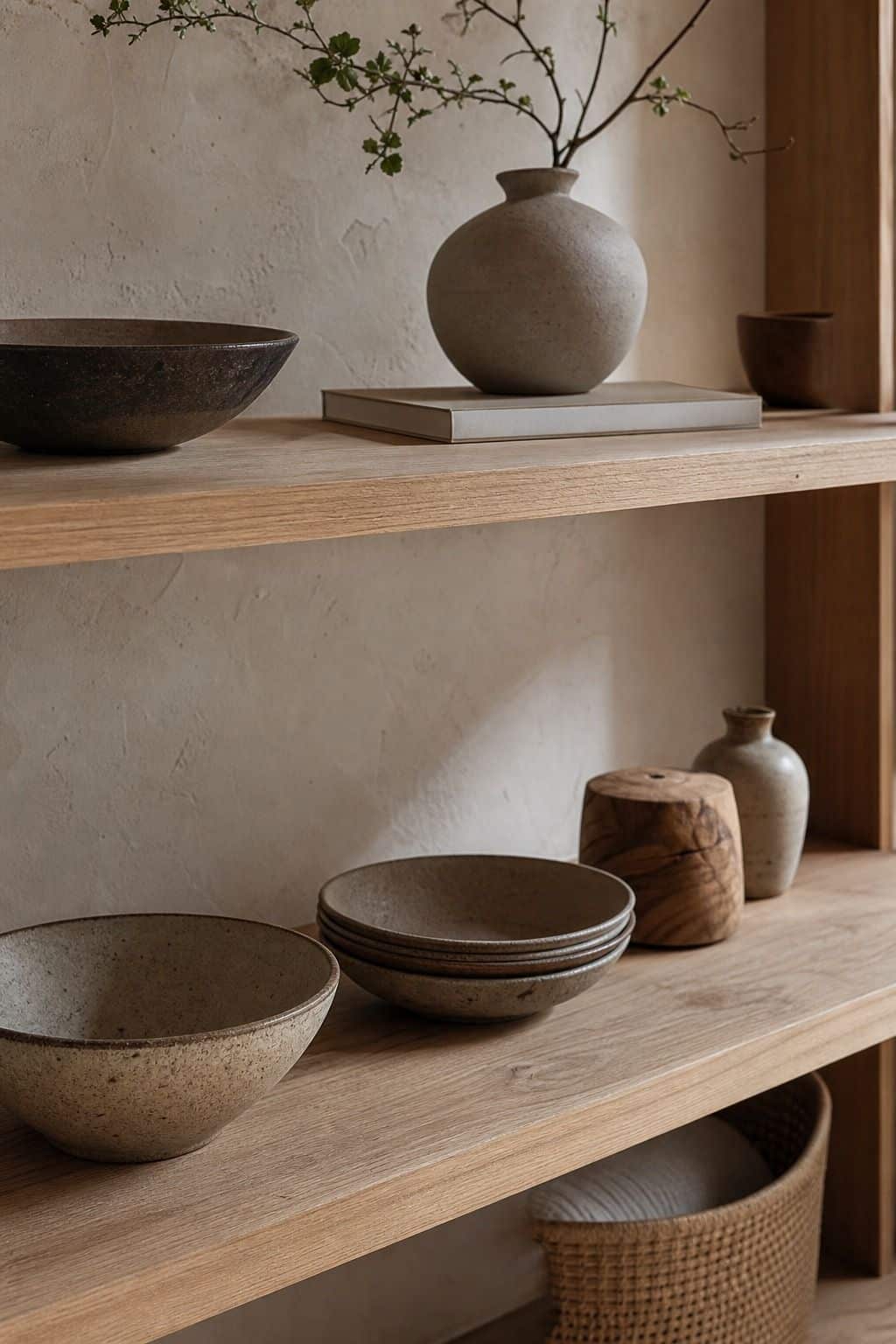Simple neutral ceramics styled on a light wood shelf in an affordable Japandi home.