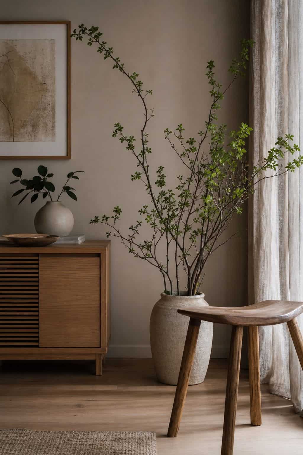 Affordable greenery in a simple vase brightens a calm Japandi corner with light wood decor.