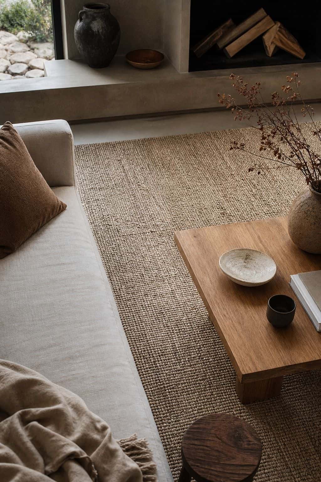 Oat-tone rug grounding a budget Japandi living room with linen seating and light wood furniture.