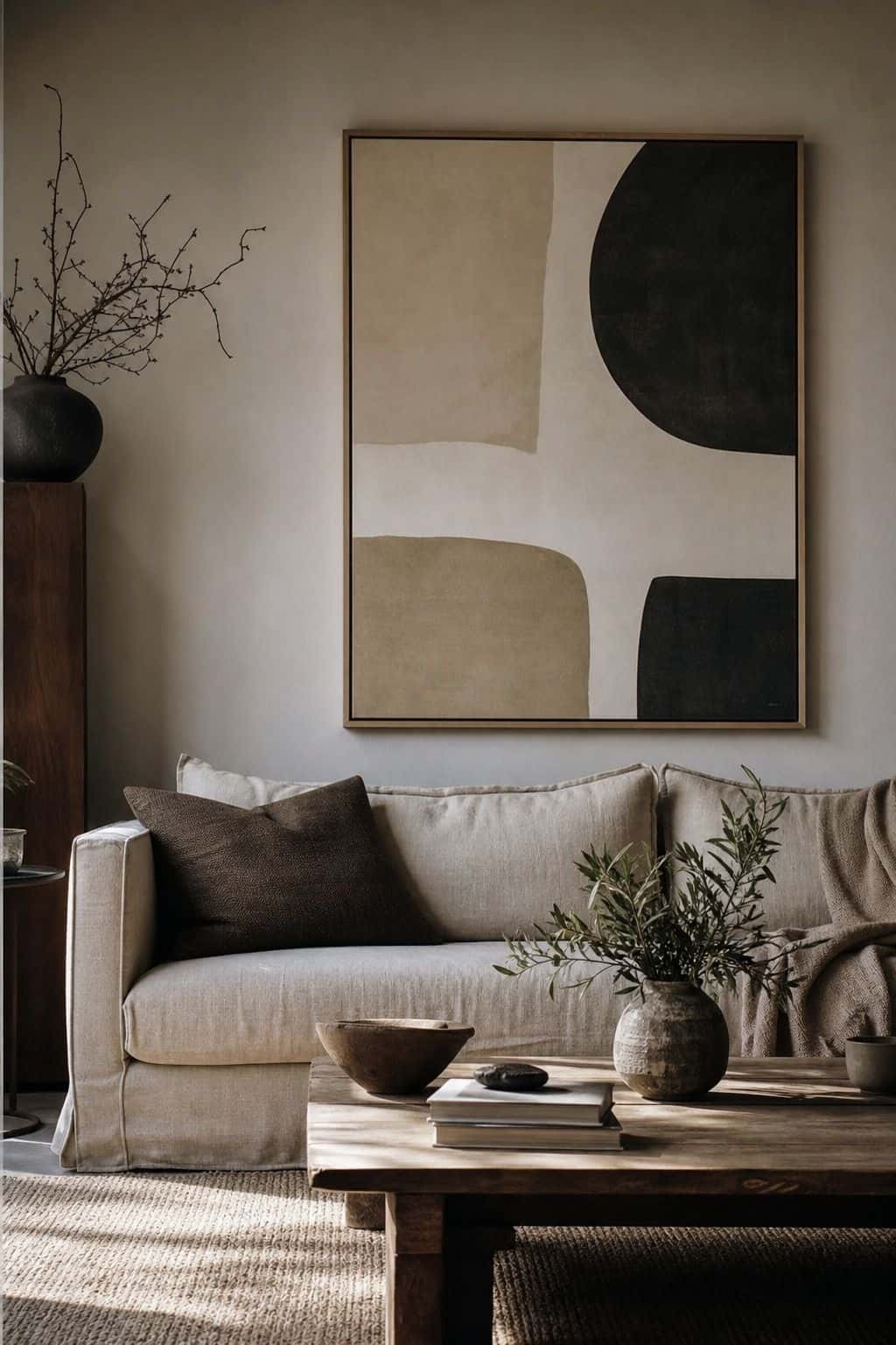 Large affordable abstract print above a linen sofa in a calm budget Japandi living room.