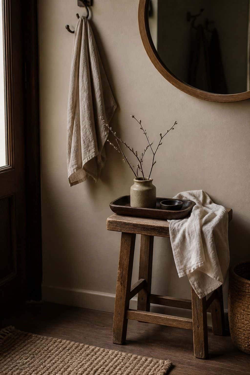 Repurposed tray, stool, and ceramics styled as affordable Japandi decor in a warm entry corner.