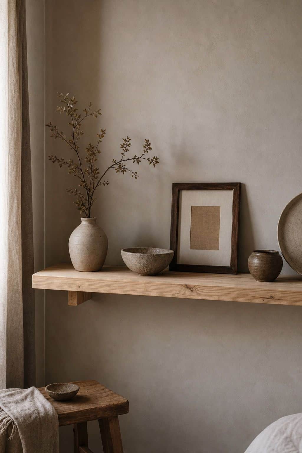 Simple DIY wood ledge with ceramics and branches on a warm neutral Japandi wall.
