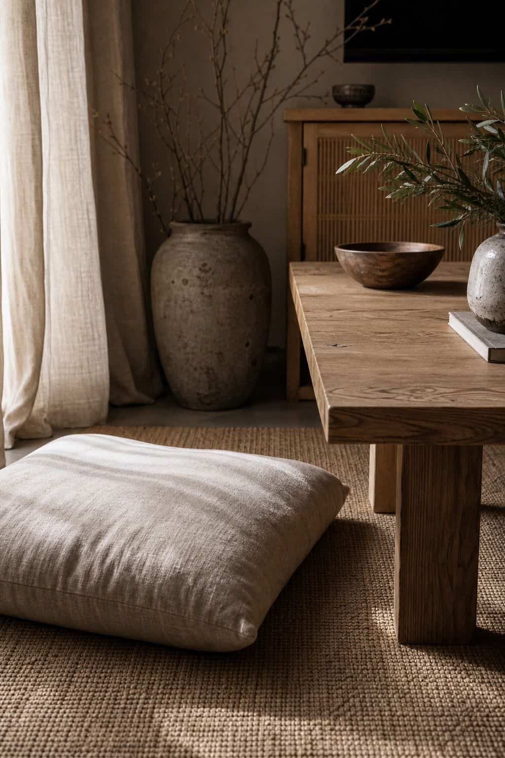 Single neutral floor cushion adds relaxed Japandi seating beside a low light wood table.