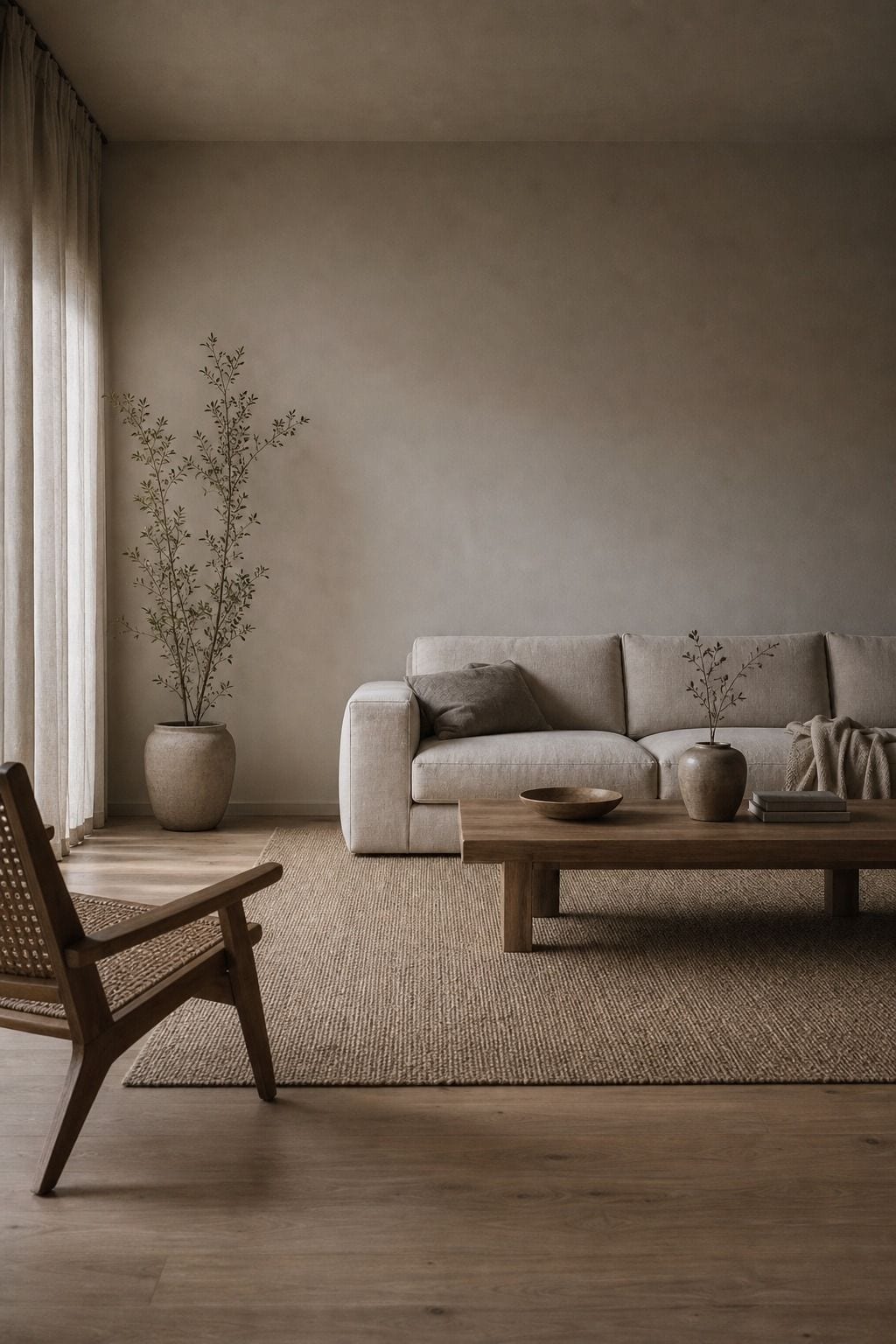 Calm Japandi room with intentional empty space, a low sofa, and a simple light wood table.