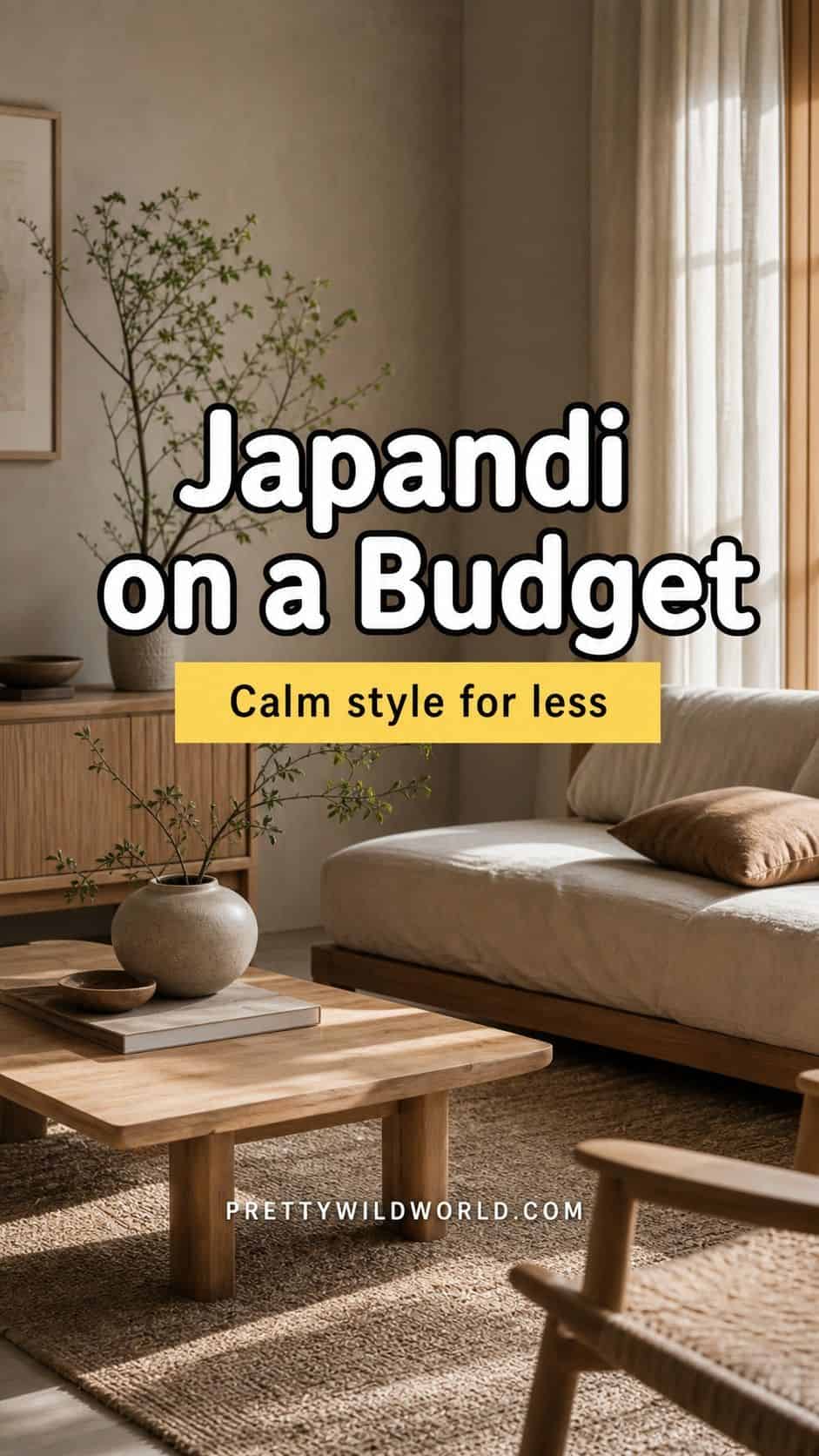 Japandi on a Budget pin with warm minimalist living room styling and Pretty Wild World branding.