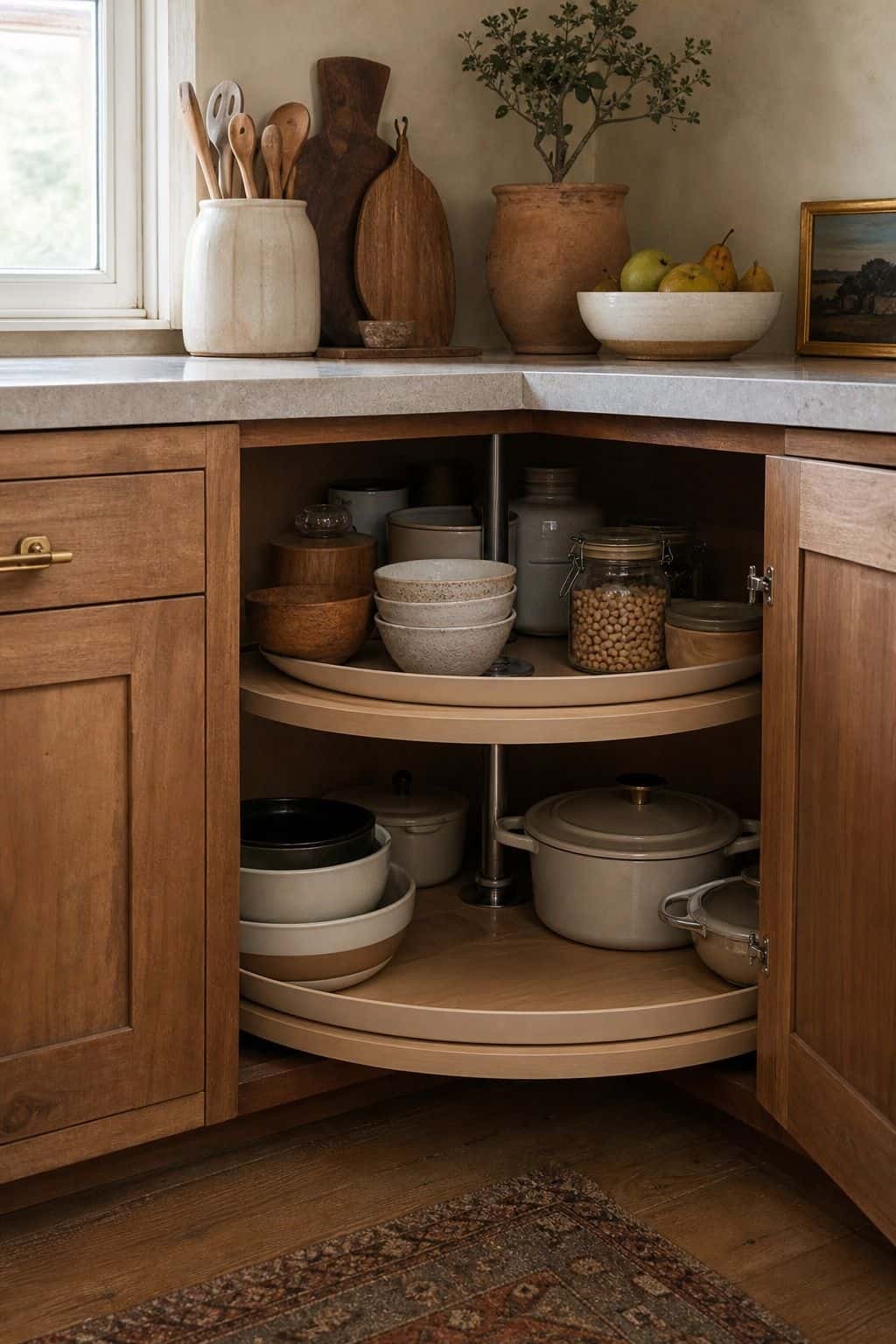 Fit a Lazy Susan to Make Corner Storage Easily Accessible shown as a realistic Pretty Wild World image for 15 Kitchen Corner Cabinet Ideas for a Warm, Beautifully Styled Kitchen.