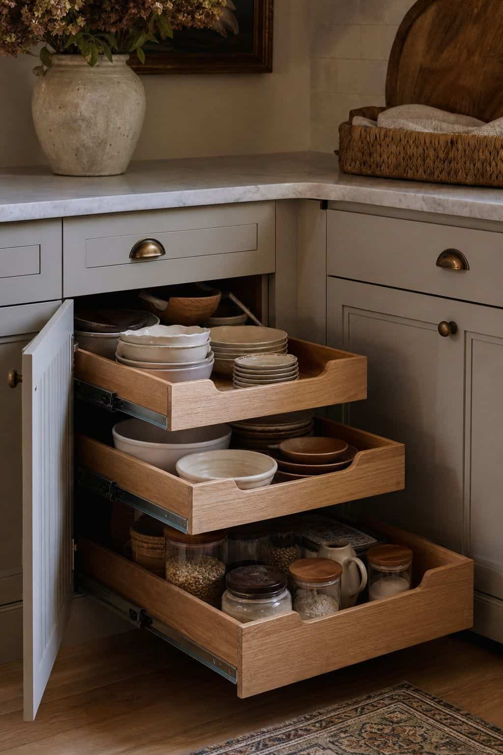 Use Pull-Out Shelves or Sliding Trays to Fully Utilize Space shown as a realistic Pretty Wild World image for 15 Kitchen Corner Cabinet Ideas for a Warm, Beautifully Styled Kitchen.