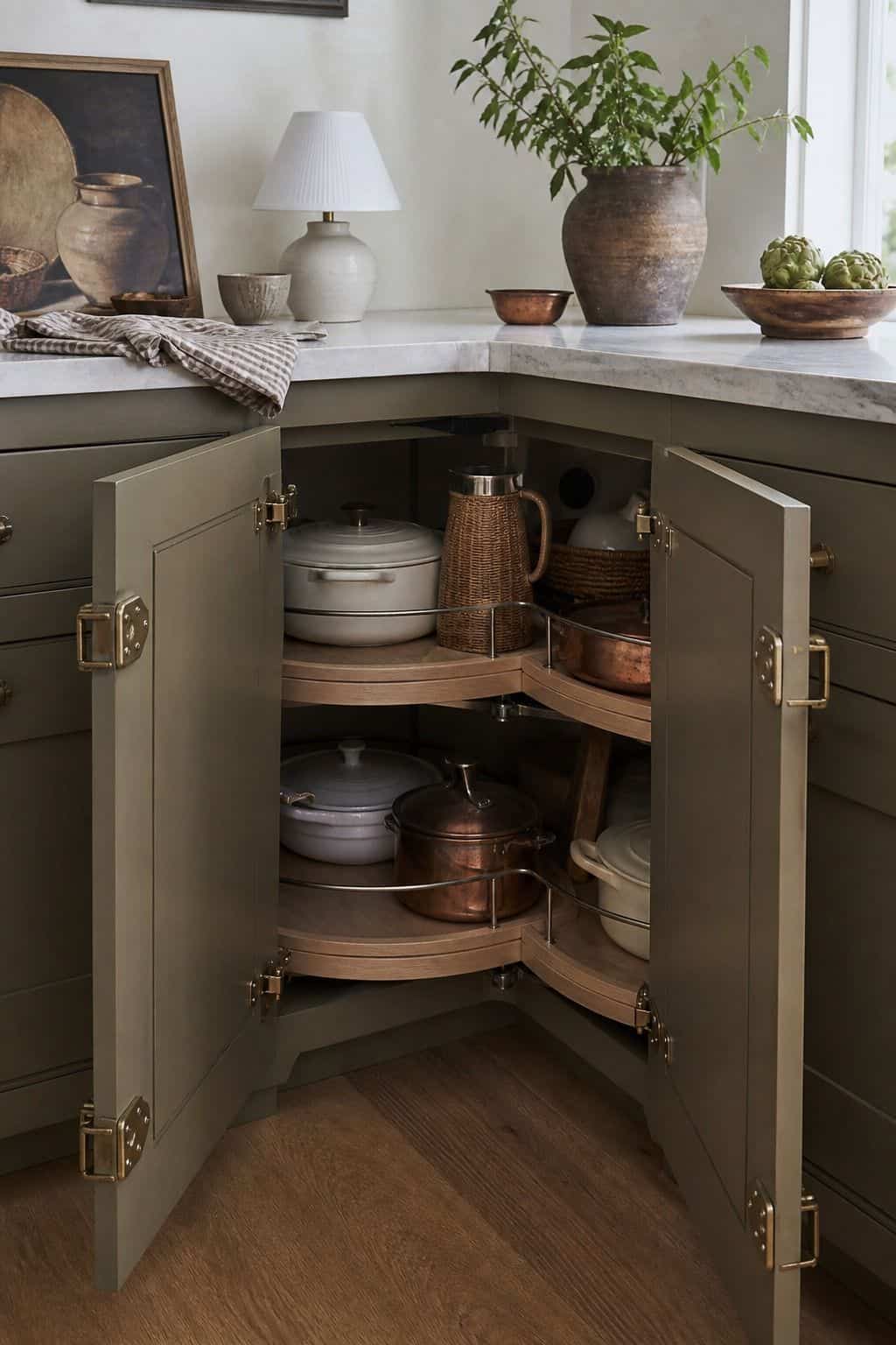 Install Swing-Out or Folding Doors for Improved Reach shown as a realistic Pretty Wild World image for 15 Kitchen Corner Cabinet Ideas for a Warm, Beautifully Styled Kitchen.