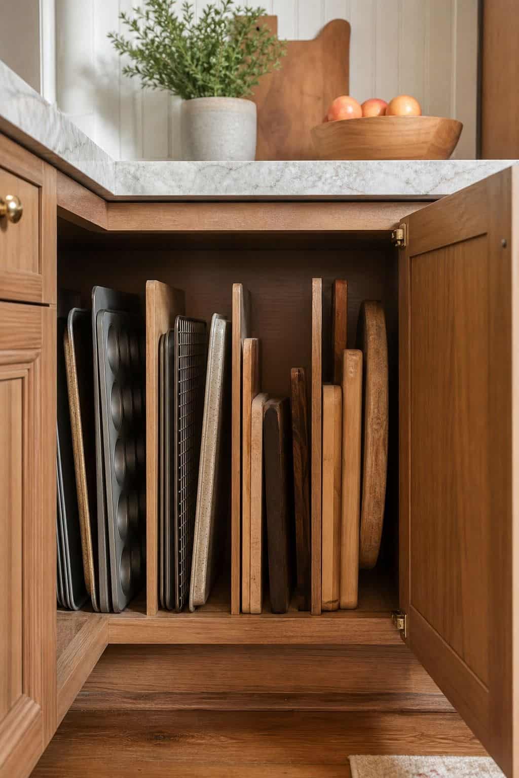 Add Vertical Dividers to Organize Baking Sheets and Cutting Boards shown as a realistic Pretty Wild World image for 15 Kitchen Corner Cabinet Ideas for a Warm, Beautifully Styled Kitchen.