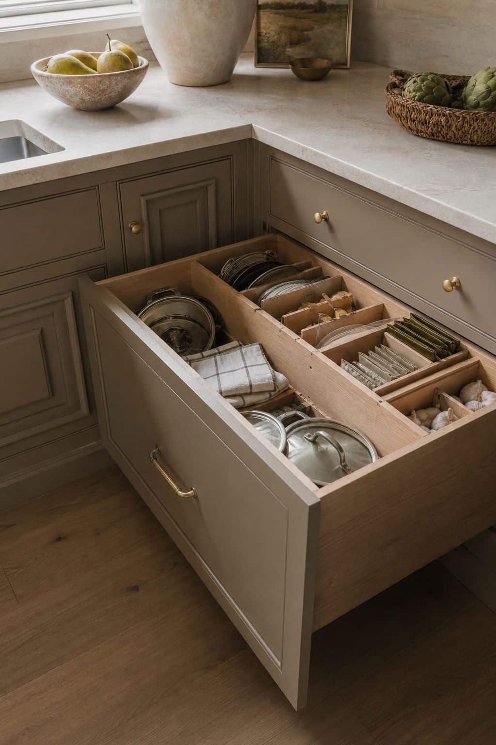 Incorporate Deep Drawers with Adjustable Sections shown as a realistic Pretty Wild World image for 15 Kitchen Corner Cabinet Ideas for a Warm, Beautifully Styled Kitchen.