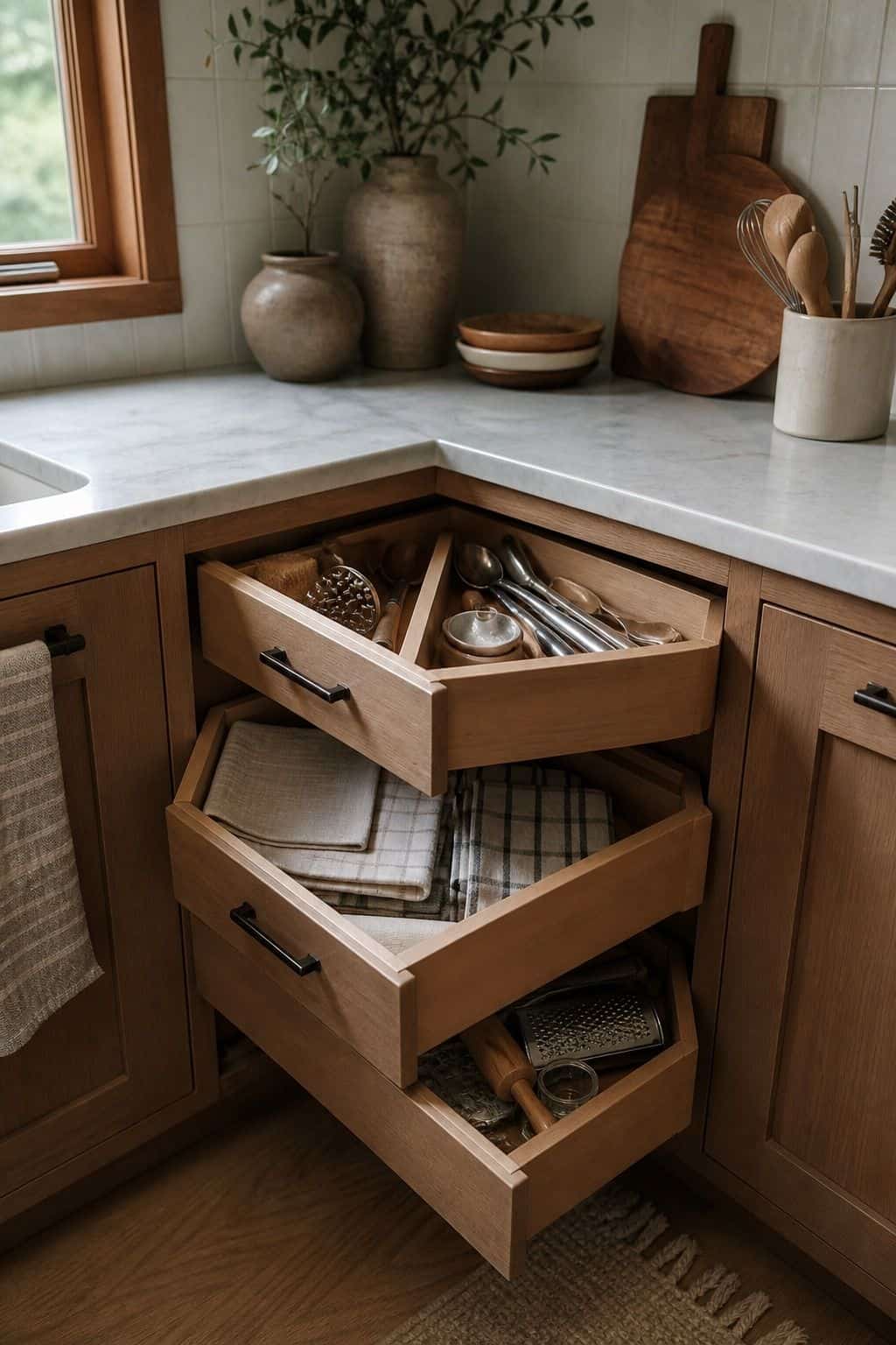 Utilize Corner Drawers Designed to Maximize Awkward Spaces shown as a realistic Pretty Wild World image for 15 Kitchen Corner Cabinet Ideas for a Warm, Beautifully Styled Kitchen.