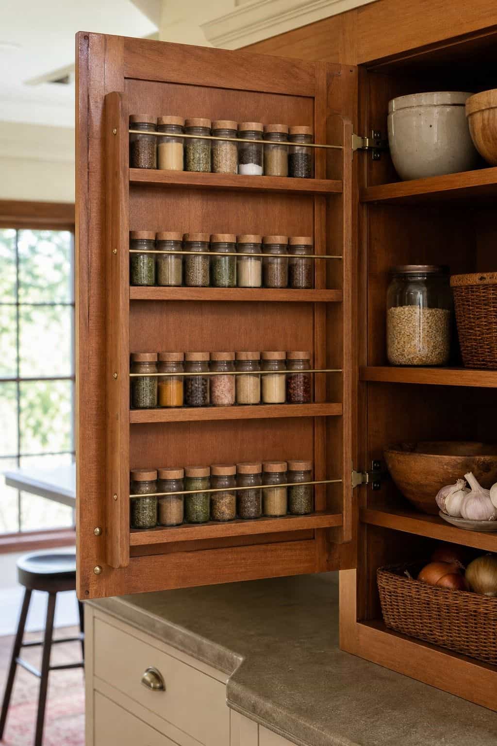 Attach Built-In Spice Racks to the Inside of Cabinet Doors shown as a realistic Pretty Wild World image for 15 Kitchen Corner Cabinet Ideas for a Warm, Beautifully Styled Kitchen.