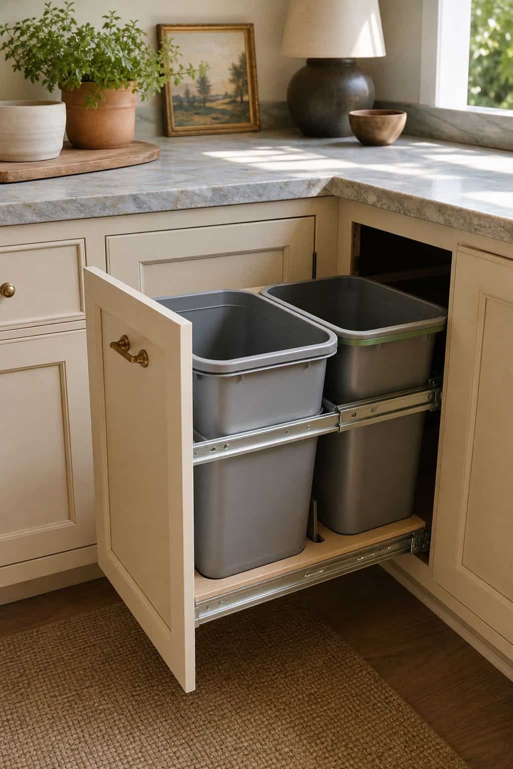 Place Pull-Out Bins for Trash and Recycling in Corner Areas shown as a realistic Pretty Wild World image for 15 Kitchen Corner Cabinet Ideas for a Warm, Beautifully Styled Kitchen.