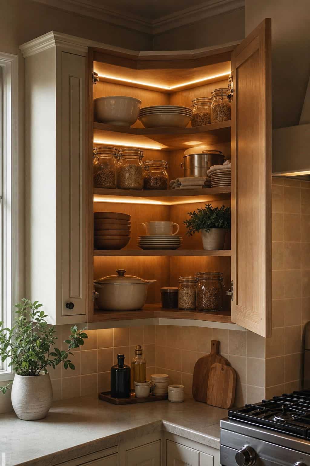 Add LED Lights Inside Cabinets for Enhanced Visibility shown as a realistic Pretty Wild World image for 15 Kitchen Corner Cabinet Ideas for a Warm, Beautifully Styled Kitchen.