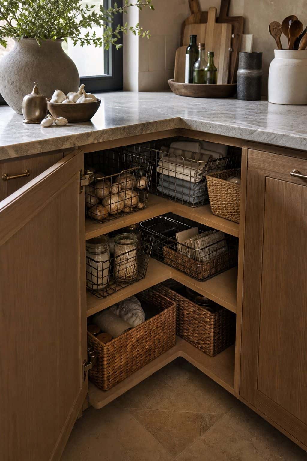 Use Wire Baskets or Bins to Keep Items Neatly Organized shown as a realistic Pretty Wild World image for 15 Kitchen Corner Cabinet Ideas for a Warm, Beautifully Styled Kitchen.