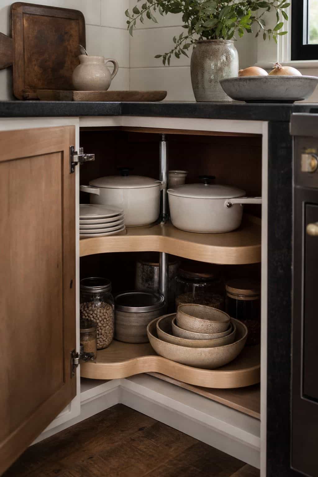 Install Rotating Carousel Units for Smooth Access to Contents shown as a realistic Pretty Wild World image for 15 Kitchen Corner Cabinet Ideas for a Warm, Beautifully Styled Kitchen.