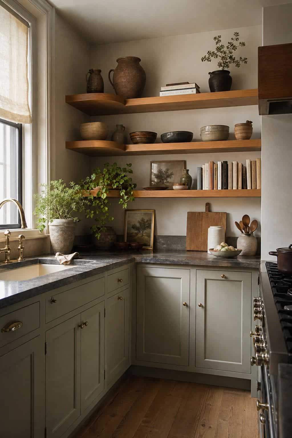 Combine Open Shelves with Closed Cupboards for Both Display and Storage shown as a realistic Pretty Wild World image for 15 Kitchen Corner Cabinet Ideas for a Warm, Beautifully Styled Kitchen.