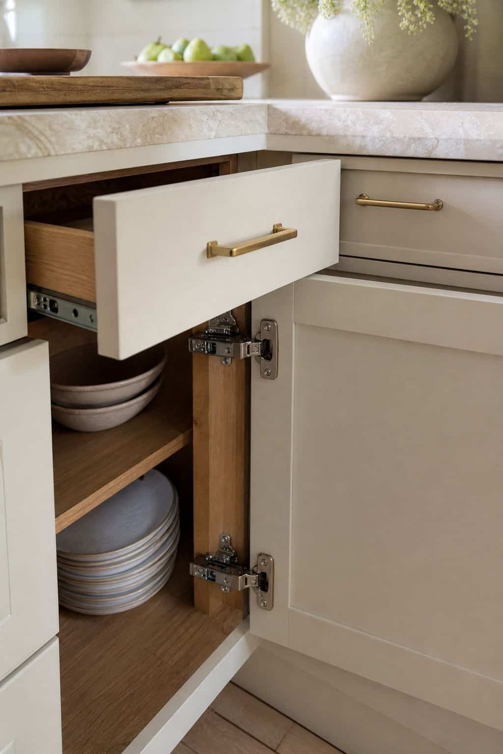 Use Soft-Close Hinges and Drawer Slides for Quiet Operation shown as a realistic Pretty Wild World image for 15 Kitchen Corner Cabinet Ideas for a Warm, Beautifully Styled Kitchen.