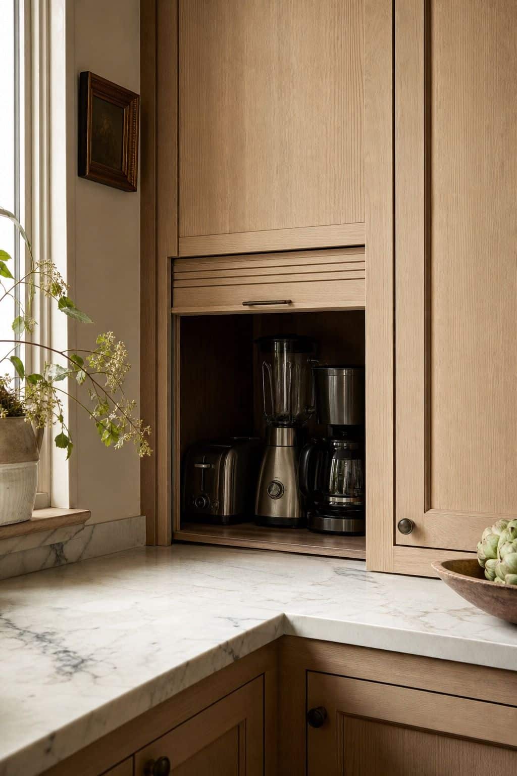 Include Appliance Garages Within Corner Cabinets to Conceal Small Kitchen Gadgets shown as a realistic Pretty Wild World image for 15 Kitchen Corner Cabinet Ideas for a Warm, Beautifully Styled Kitchen.