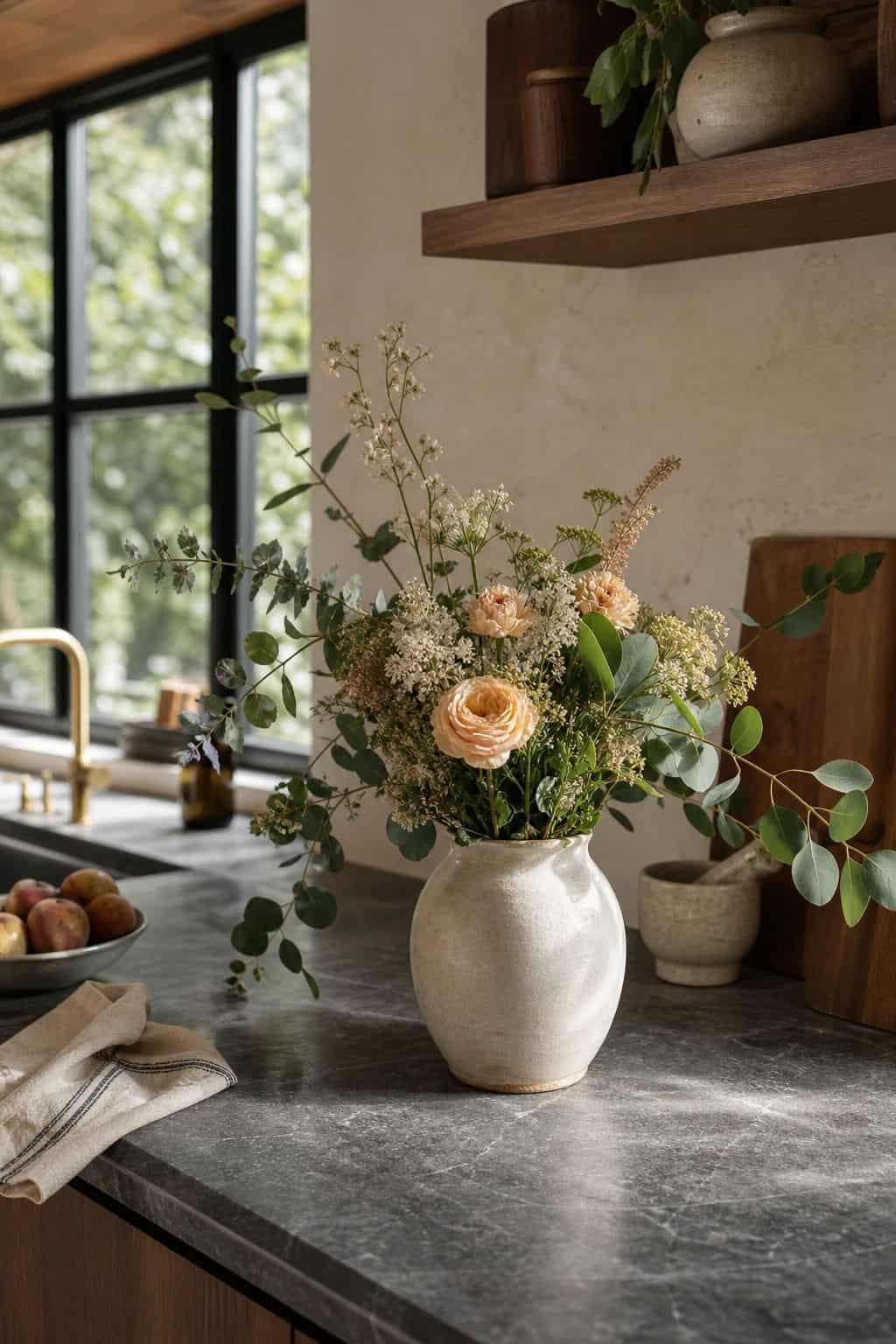Display a Bouquet of Flowers or Fresh Greenery shown as a realistic Pretty Wild World image for 15 Kitchen Counter Decor Ideas for a Warm, Beautifully Styled Kitchen.