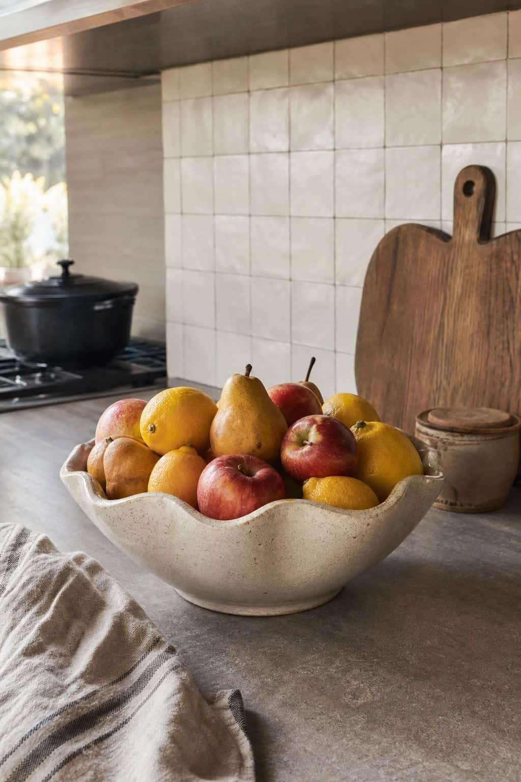 Use a Decorative Bowl Filled with Fruit as a Focal Point shown as a realistic Pretty Wild World image for 15 Kitchen Counter Decor Ideas for a Warm, Beautifully Styled Kitchen.