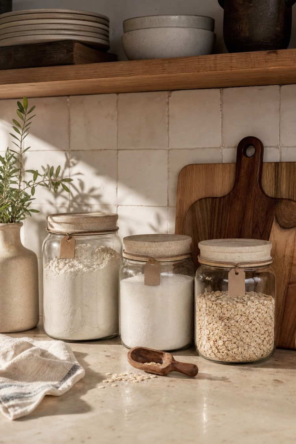 Keep Matching Jars or Canisters for Essentials Like Flour and Sugar shown as a realistic Pretty Wild World image for 15 Kitchen Counter Decor Ideas for a Warm, Beautifully Styled Kitchen.
