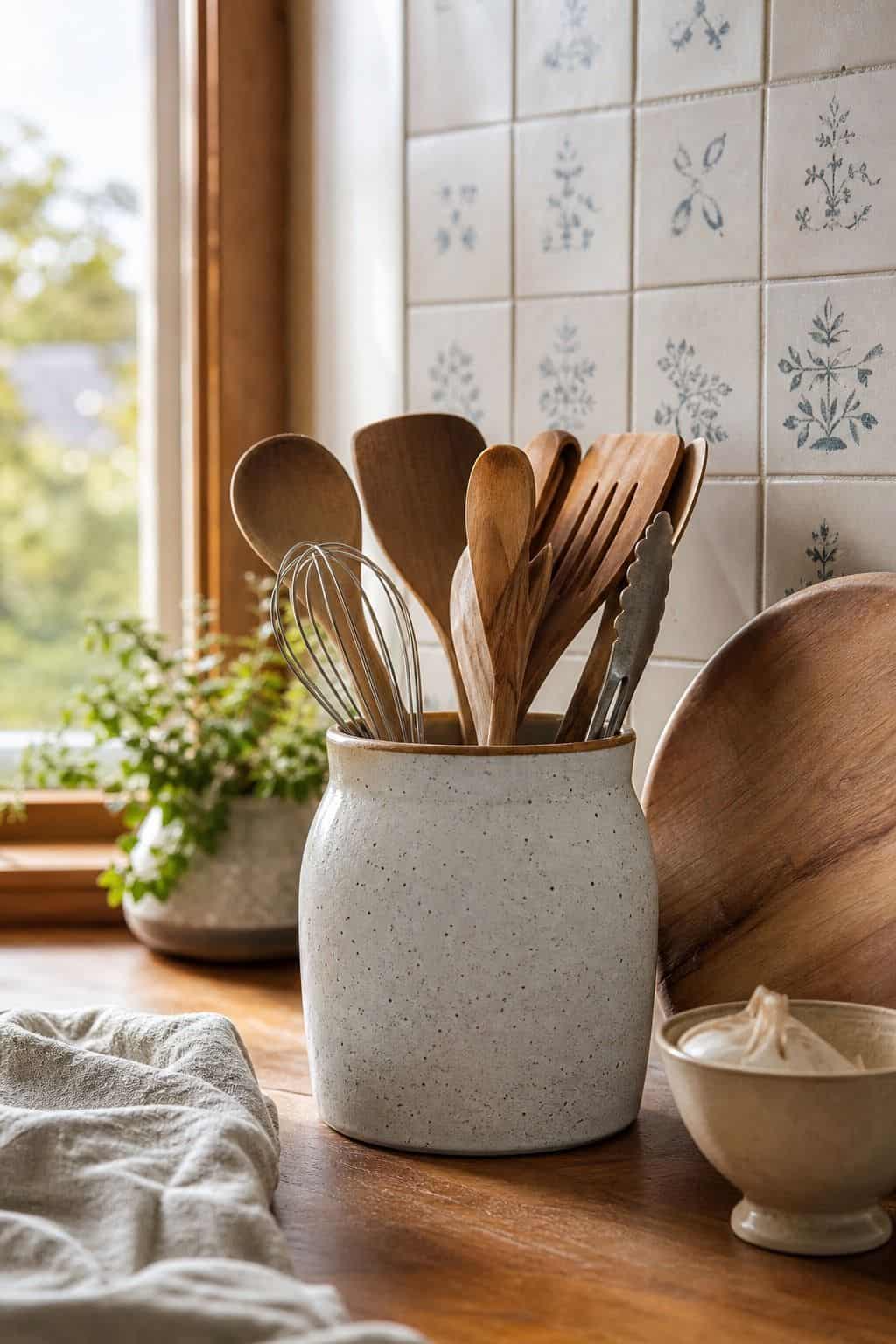 Store Kitchen Tools in an Attractive Holder or Crock shown as a realistic Pretty Wild World image for 15 Kitchen Counter Decor Ideas for a Warm, Beautifully Styled Kitchen.