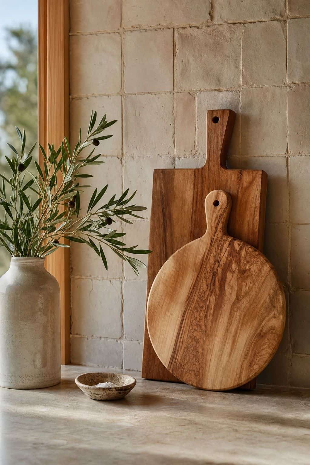 Lean a Stylish Cutting Board or Two Against the Backsplash shown as a realistic Pretty Wild World image for 15 Kitchen Counter Decor Ideas for a Warm, Beautifully Styled Kitchen.