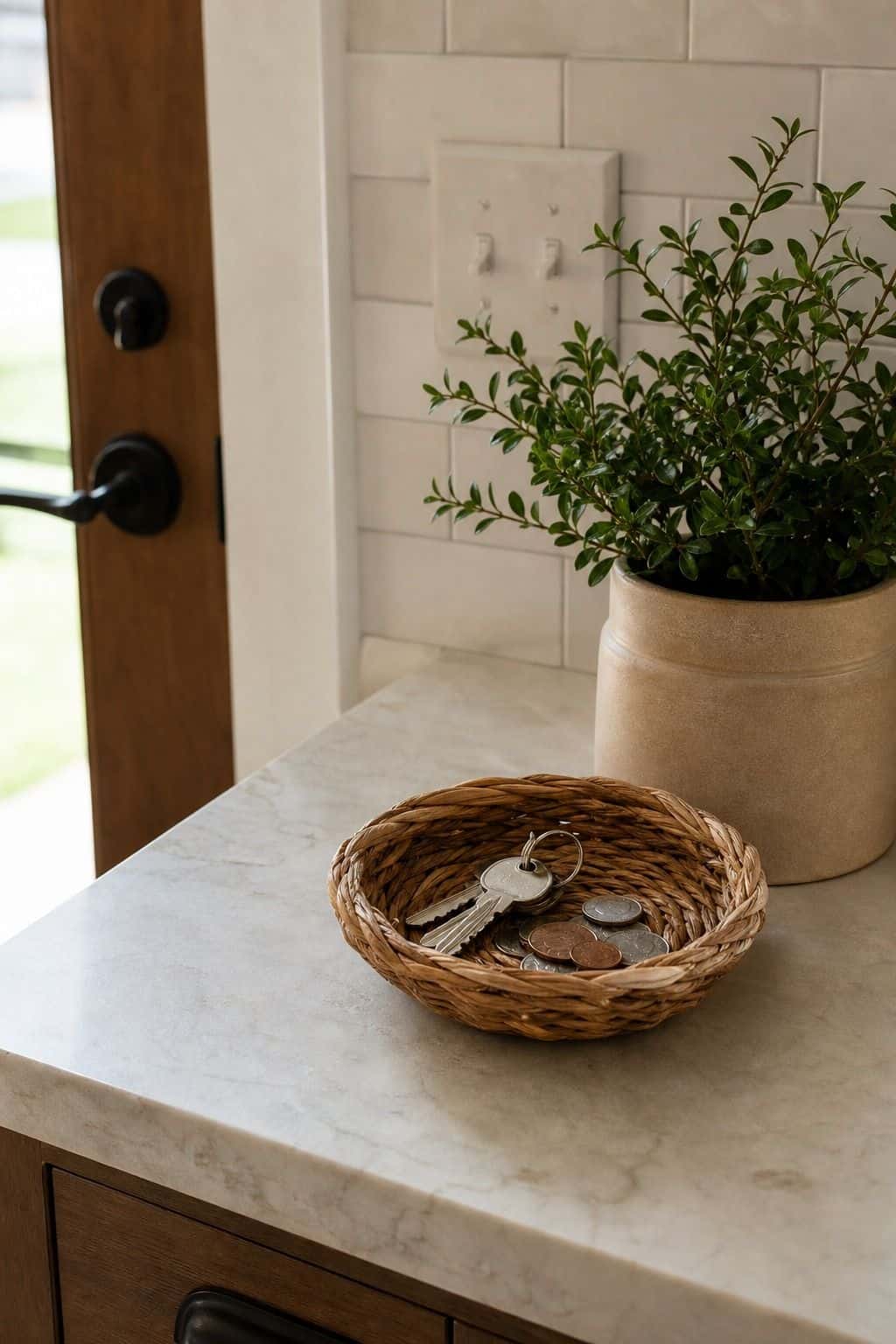 Place a Small Basket or Dish for Keys and Loose Change shown as a realistic Pretty Wild World image for 15 Kitchen Counter Decor Ideas for a Warm, Beautifully Styled Kitchen.