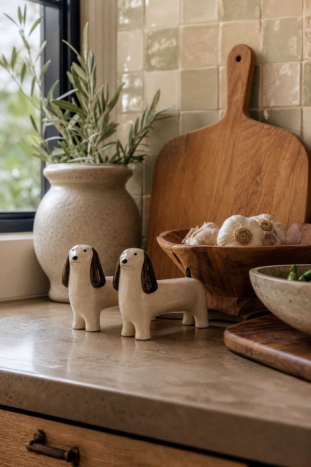 Add Character with a Fun Salt and Pepper Set or Quirky Figurine shown as a realistic Pretty Wild World image for 15 Kitchen Counter Decor Ideas for a Warm, Beautifully Styled Kitchen.