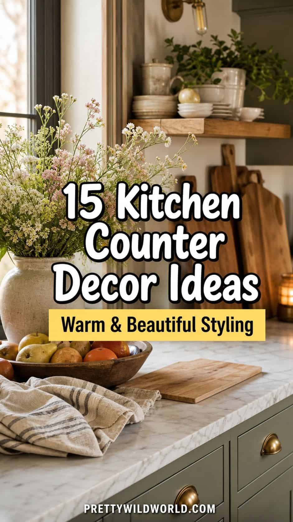 Pinterest pin for 15 Kitchen Counter Decor Ideas for a Warm, Beautifully Styled Kitchen from Pretty Wild World.