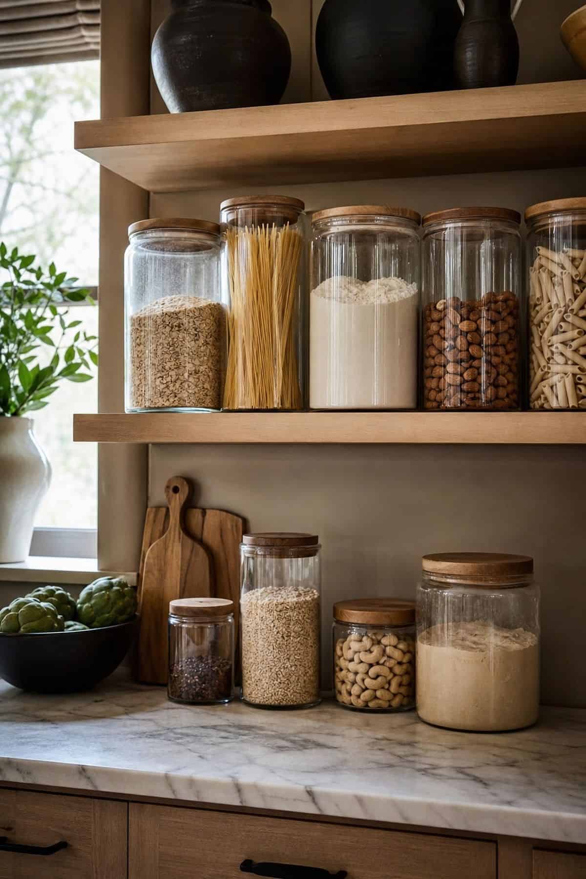 Store Pantry Staples in Transparent Containers shown as a realistic Pretty Wild World image for 15 Kitchen Counter Organization Ideas for a Warm, Beautifully Styled Kitchen.
