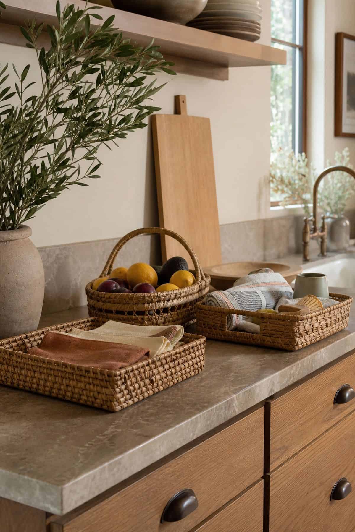 Use Baskets or Bins shown as a realistic Pretty Wild World image for 15 Kitchen Counter Organization Ideas for a Warm, Beautifully Styled Kitchen.