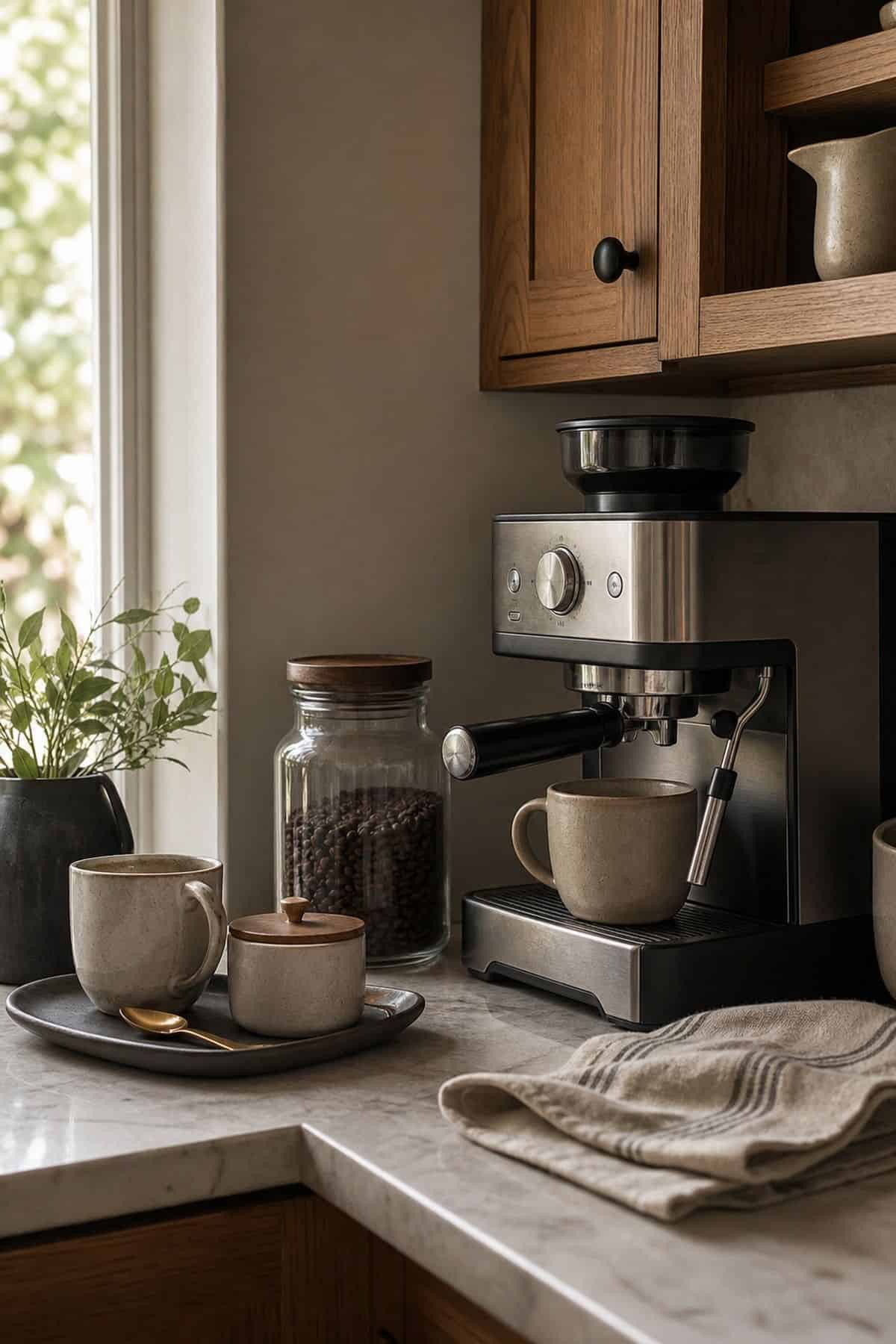Create a Coffee Station shown as a realistic Pretty Wild World image for 15 Kitchen Counter Organization Ideas for a Warm, Beautifully Styled Kitchen.