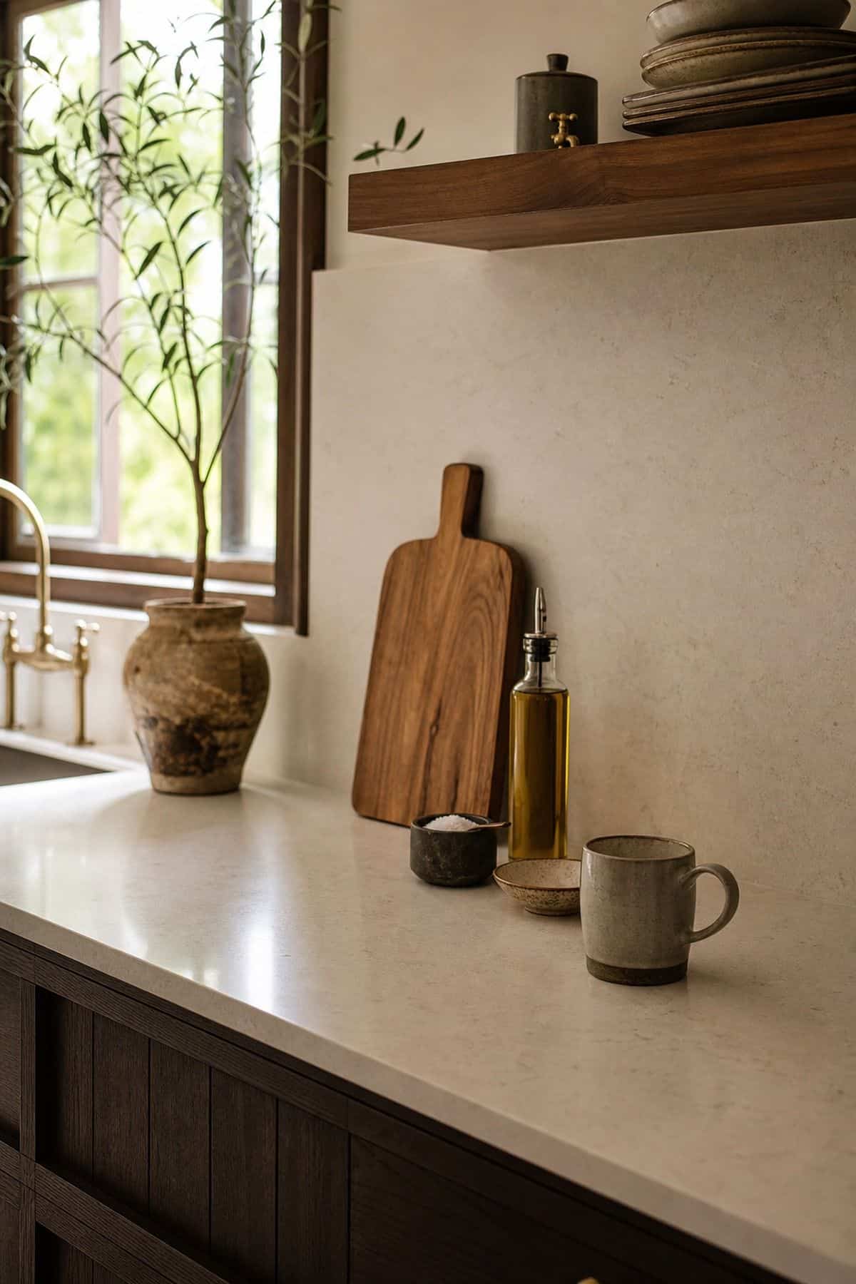 Limit Counter Items to What You Reach for Every Day shown as a realistic Pretty Wild World image for 15 Kitchen Counter Organization Ideas for a Warm, Beautifully Styled Kitchen.