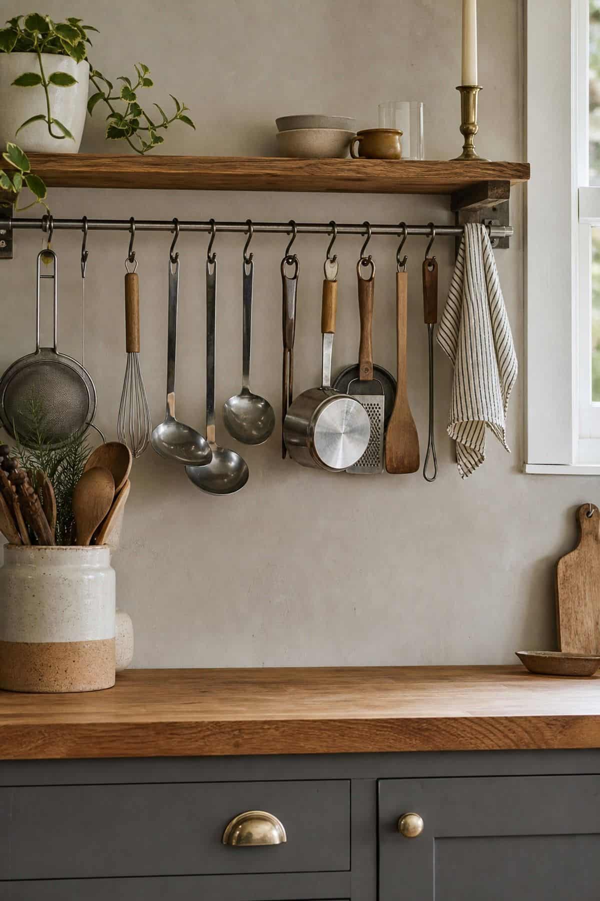 Fix Utensil Racks on the Wall to Save Space shown as a realistic Pretty Wild World image for 15 Kitchen Counter Organization Ideas for a Warm, Beautifully Styled Kitchen.