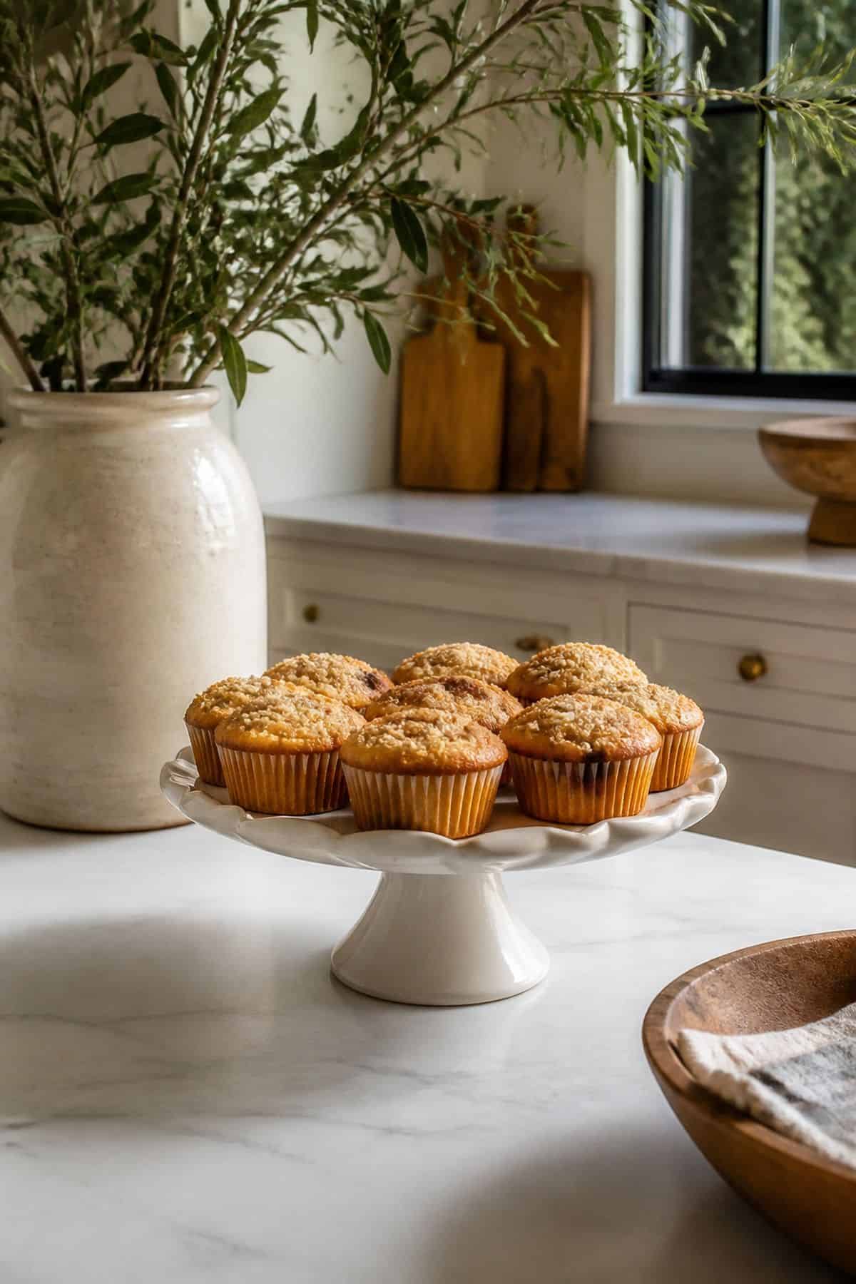 Display Snacks or Pastries on a Pretty Stand shown as a realistic Pretty Wild World image for 15 Kitchen Counter Organization Ideas for a Warm, Beautifully Styled Kitchen.