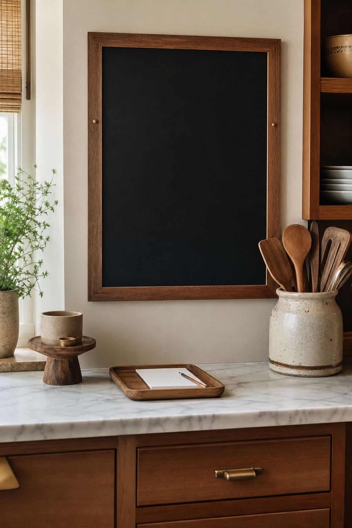 Hang a Message Board for Lists and Reminders shown as a realistic Pretty Wild World image for 15 Kitchen Counter Organization Ideas for a Warm, Beautifully Styled Kitchen.