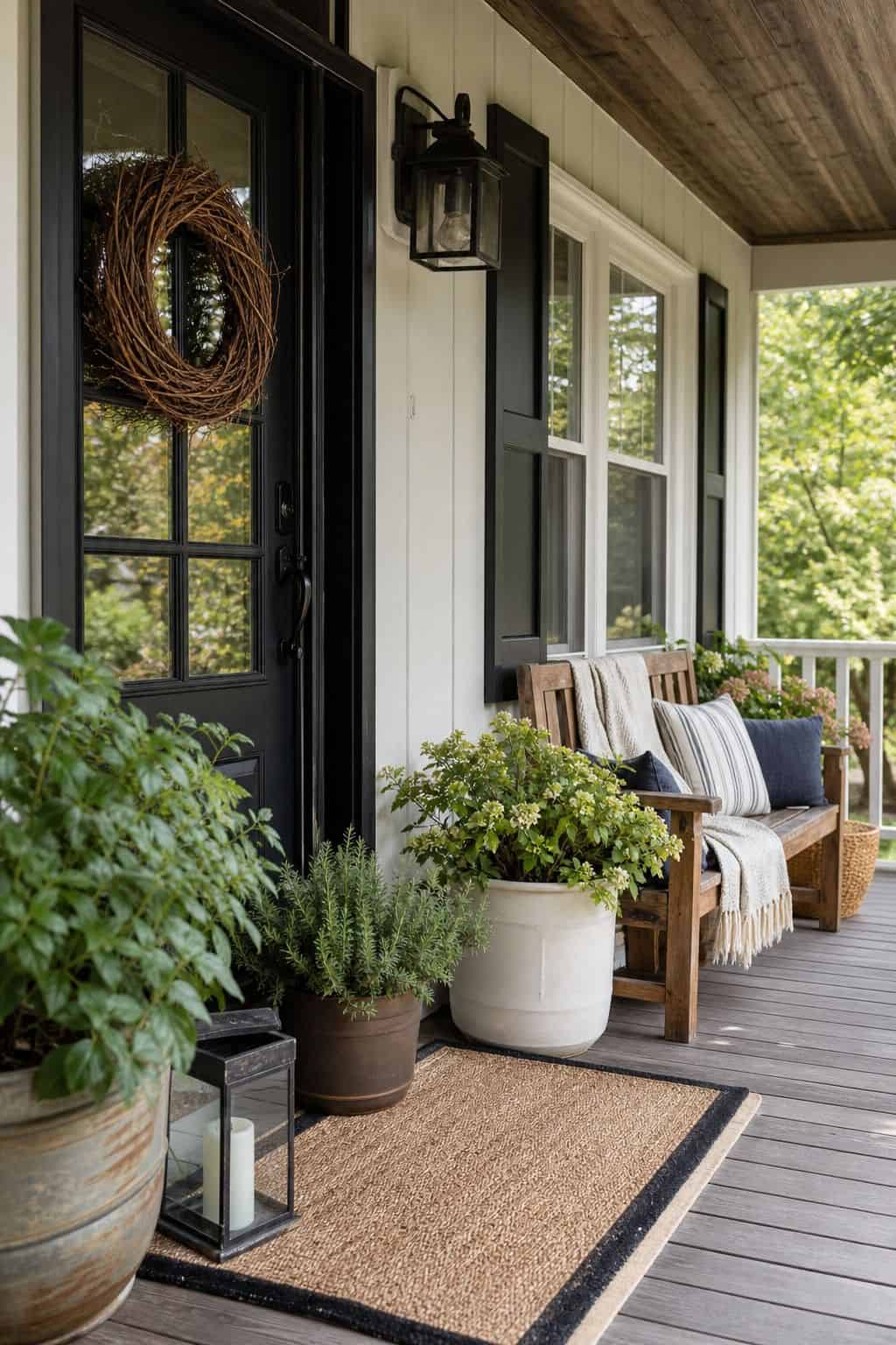 Create a relaxed porch welcome shown as a realistic Pretty Wild World image for 16 Labor Day Home Decor Ideas for an Easy End-of-Summer Weekend.