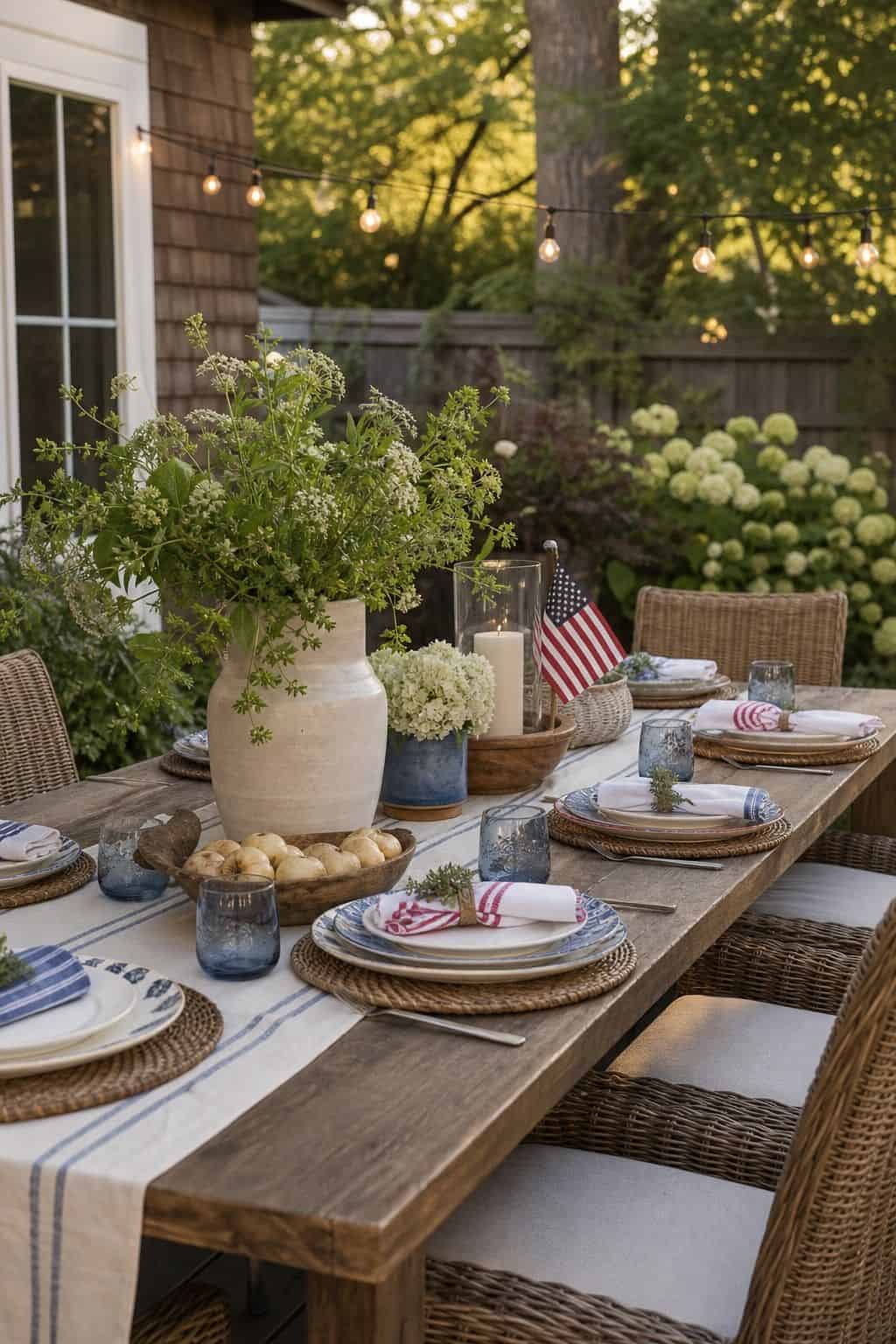 Style an outdoor dining zone shown as a realistic Pretty Wild World image for 16 Labor Day Home Decor Ideas for an Easy End-of-Summer Weekend.