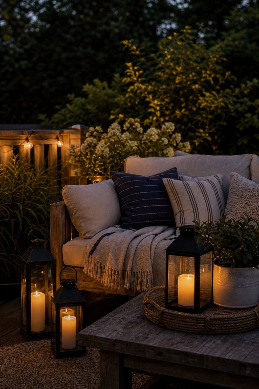 Use lanterns for late-night glow shown as a realistic Pretty Wild World image for 16 Labor Day Home Decor Ideas for an Easy End-of-Summer Weekend.