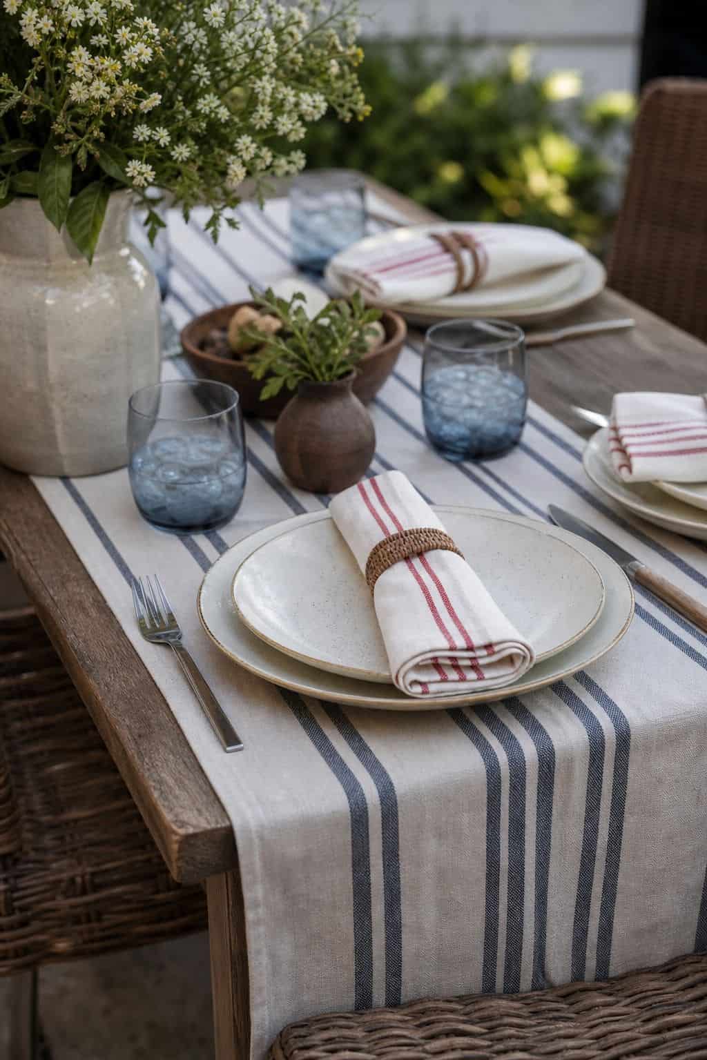 Add striped table linens shown as a realistic Pretty Wild World image for 16 Labor Day Home Decor Ideas for an Easy End-of-Summer Weekend.