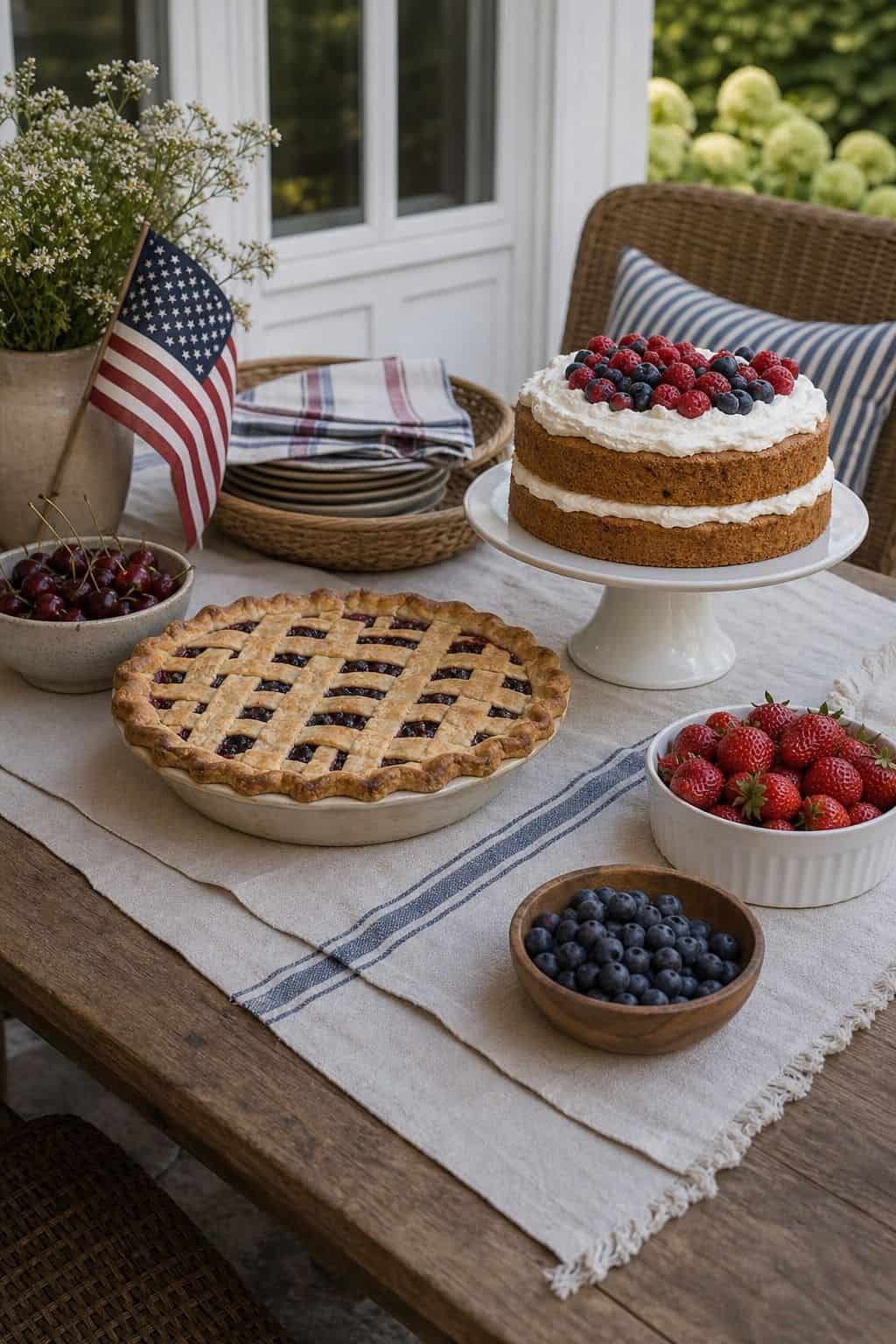 Create a simple dessert table shown as a realistic Pretty Wild World image for 16 Labor Day Home Decor Ideas for an Easy End-of-Summer Weekend.