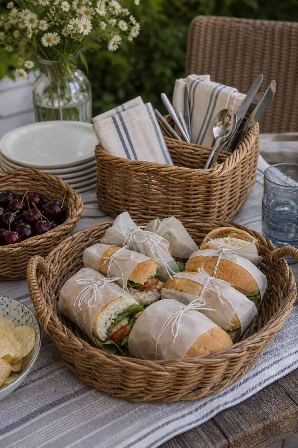 Use baskets for serving shown as a realistic Pretty Wild World image for 16 Labor Day Home Decor Ideas for an Easy End-of-Summer Weekend.