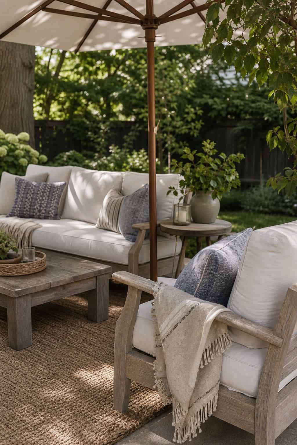 Make seating feel shaded and soft shown as a realistic Pretty Wild World image for 16 Labor Day Home Decor Ideas for an Easy End-of-Summer Weekend.
