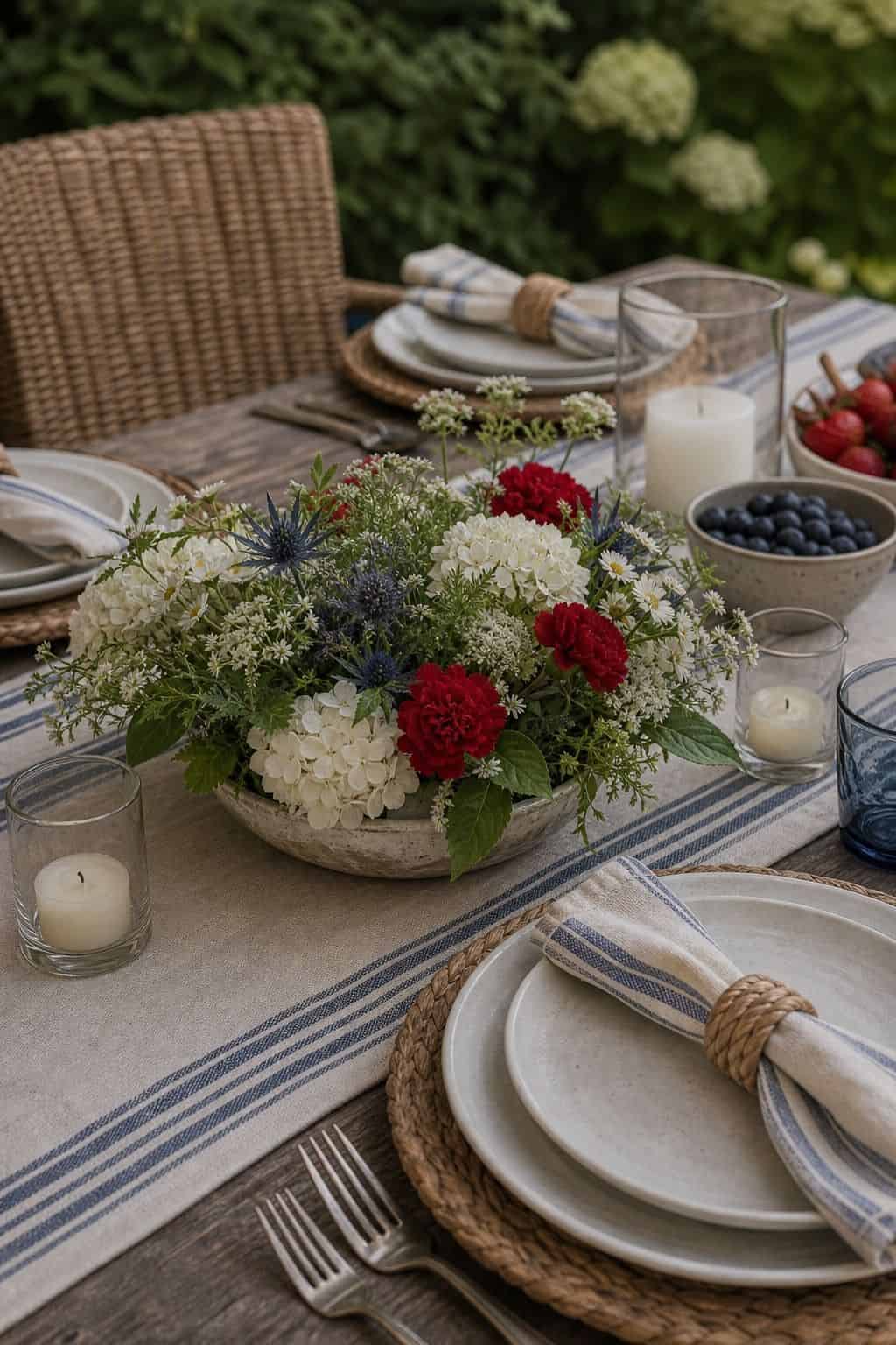 Add a low centerpiece shown as a realistic Pretty Wild World image for 16 Labor Day Home Decor Ideas for an Easy End-of-Summer Weekend.
