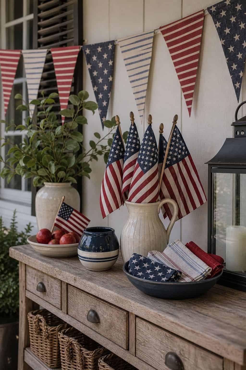 Use reusable patriotic accents shown as a realistic Pretty Wild World image for 16 Labor Day Home Decor Ideas for an Easy End-of-Summer Weekend.