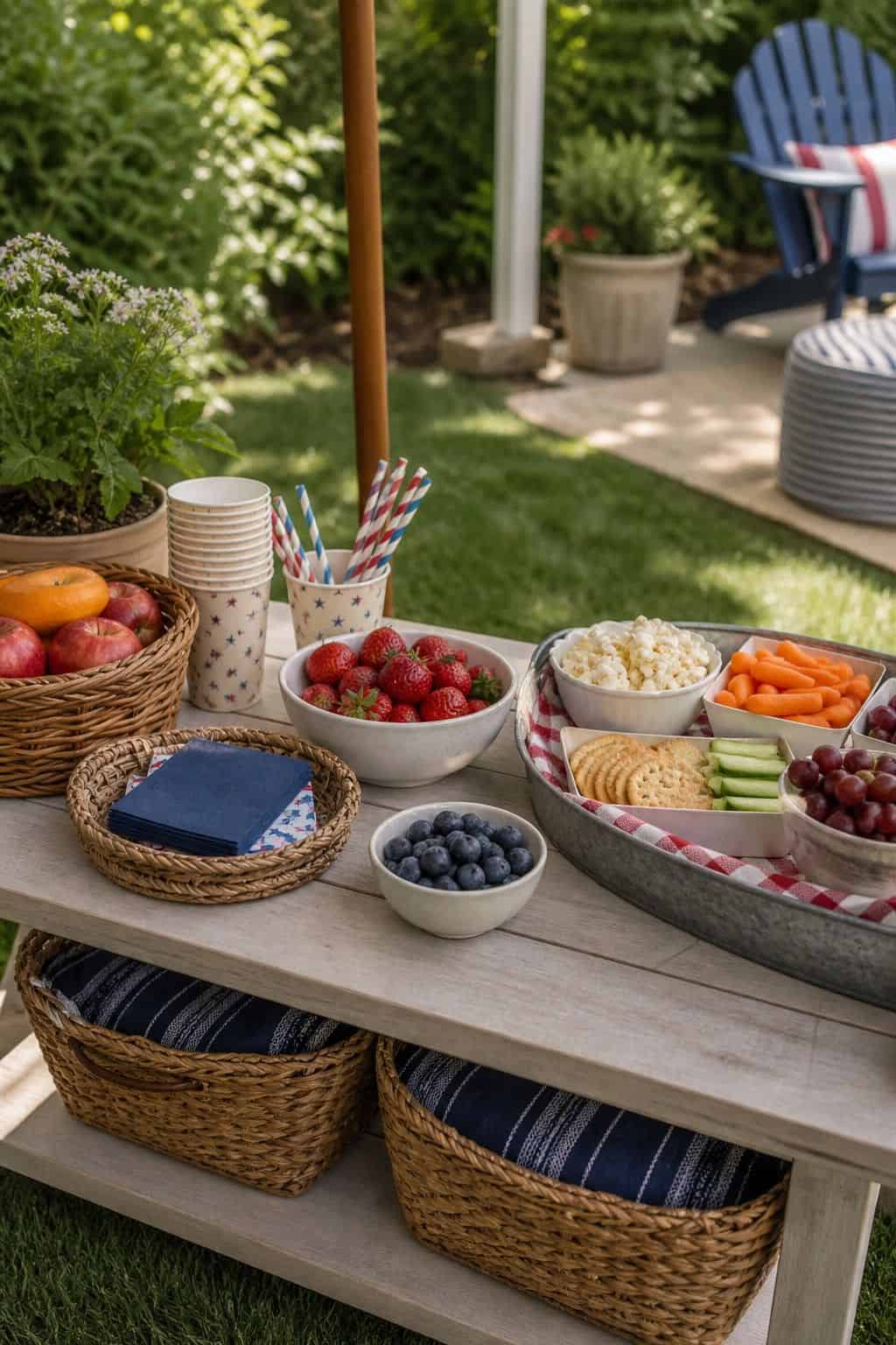 Make a kid-friendly snack spot shown as a realistic Pretty Wild World image for 16 Labor Day Home Decor Ideas for an Easy End-of-Summer Weekend.