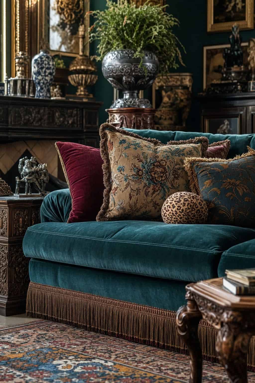 Maximalist furniture guide photo for section 1, a statement sofa, showing velvet jewel-tone statement sofa layered with patterned pillows, fringe trim, carved wood side tables, and a collected maximalist living room. The image is styled like realistic editorial interior photography with layered color, pattern, texture, natural daylight, and collected decor that feels bold without looking chaotic. Use this visual to help readers understand how one expressive furniture choice can anchor a room whi