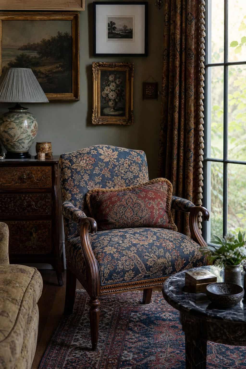 Maximalist furniture guide photo for section 2, an ornate accent chair, showing ornate accent chair with curved arms, patterned upholstery, tasseled cushion, small marble table, layered rugs, and gallery wall. The image is styled like realistic editorial interior photography with layered color, pattern, texture, natural daylight, and collected decor that feels bold without looking chaotic. Use this visual to help readers understand how one expressive furniture choice can anchor a room while stil